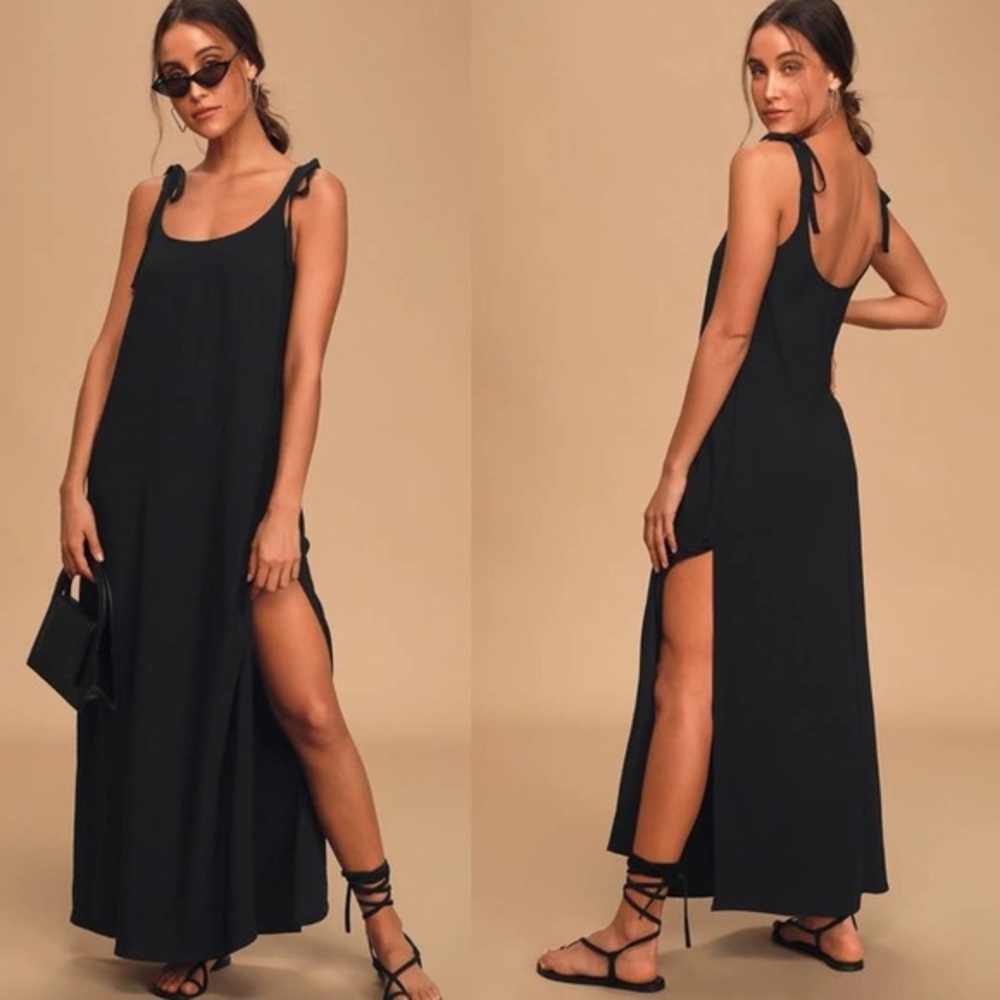 Salt Water Breeze Black Tie-Strap Maxi Dress
